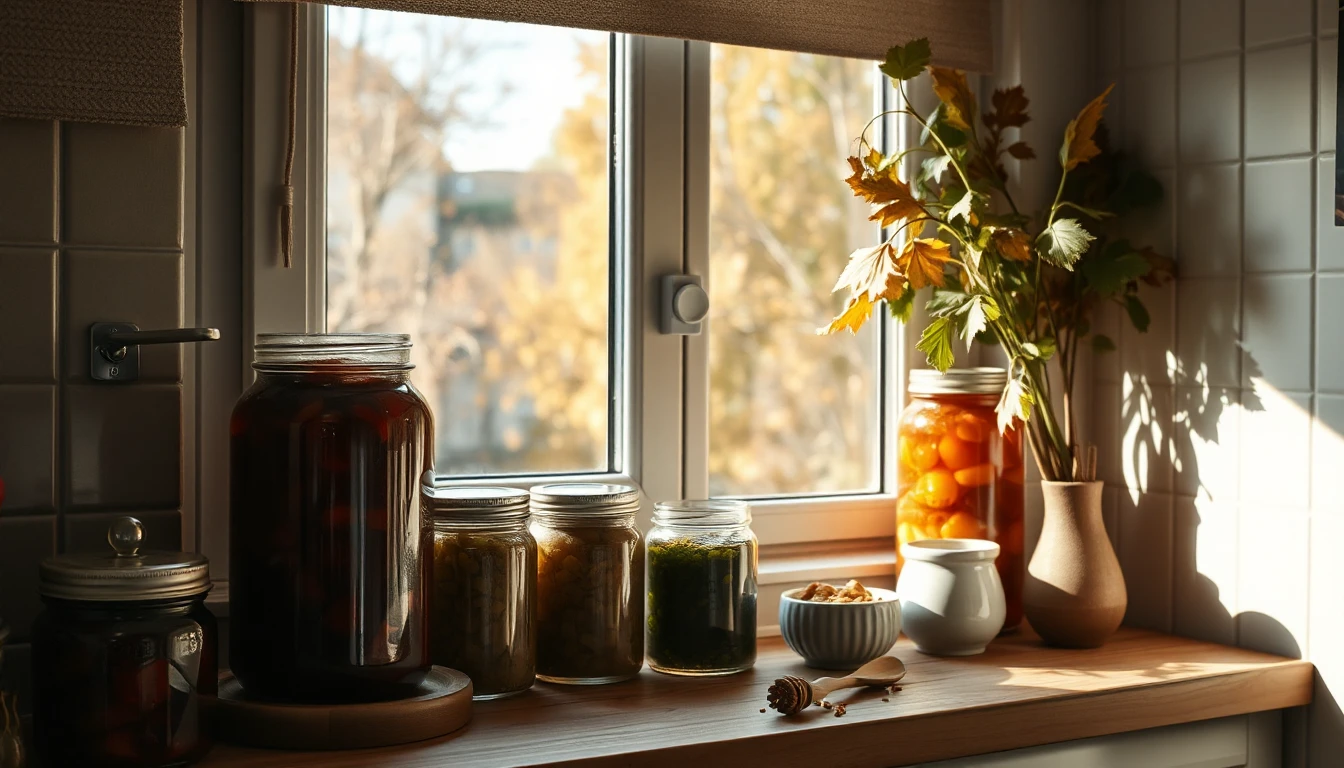 KI-Symbolbild: Große Gläser mit Eingemachtem stehen auf der Fensterbank einer Küche, draußen leuchtet ein herbstlicher Garten im Morgenlicht.
