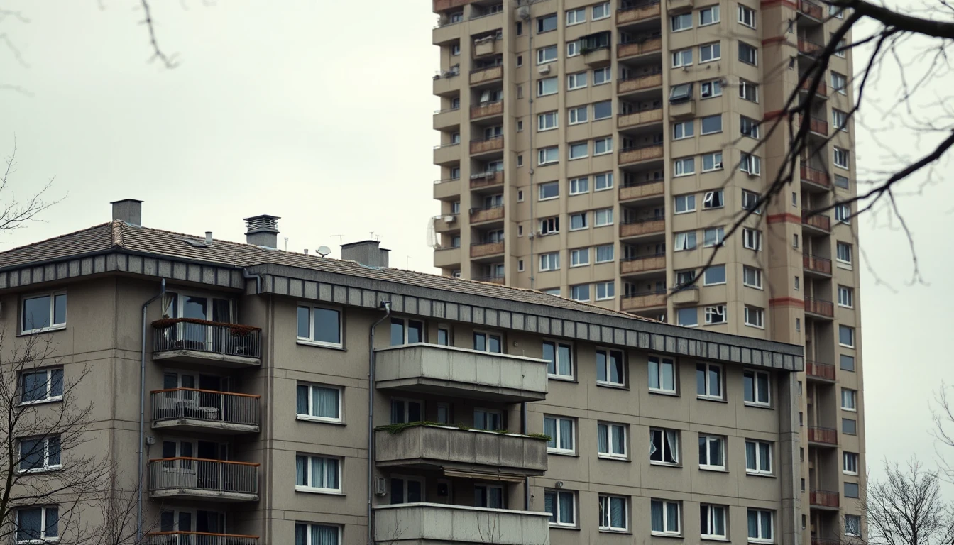 KI-Symbolbild: Ein älterer Wohnblock mit verwitterten Betonbalkonen steht vor einem höheren Wohnhochhaus unter bedecktem Himmel.