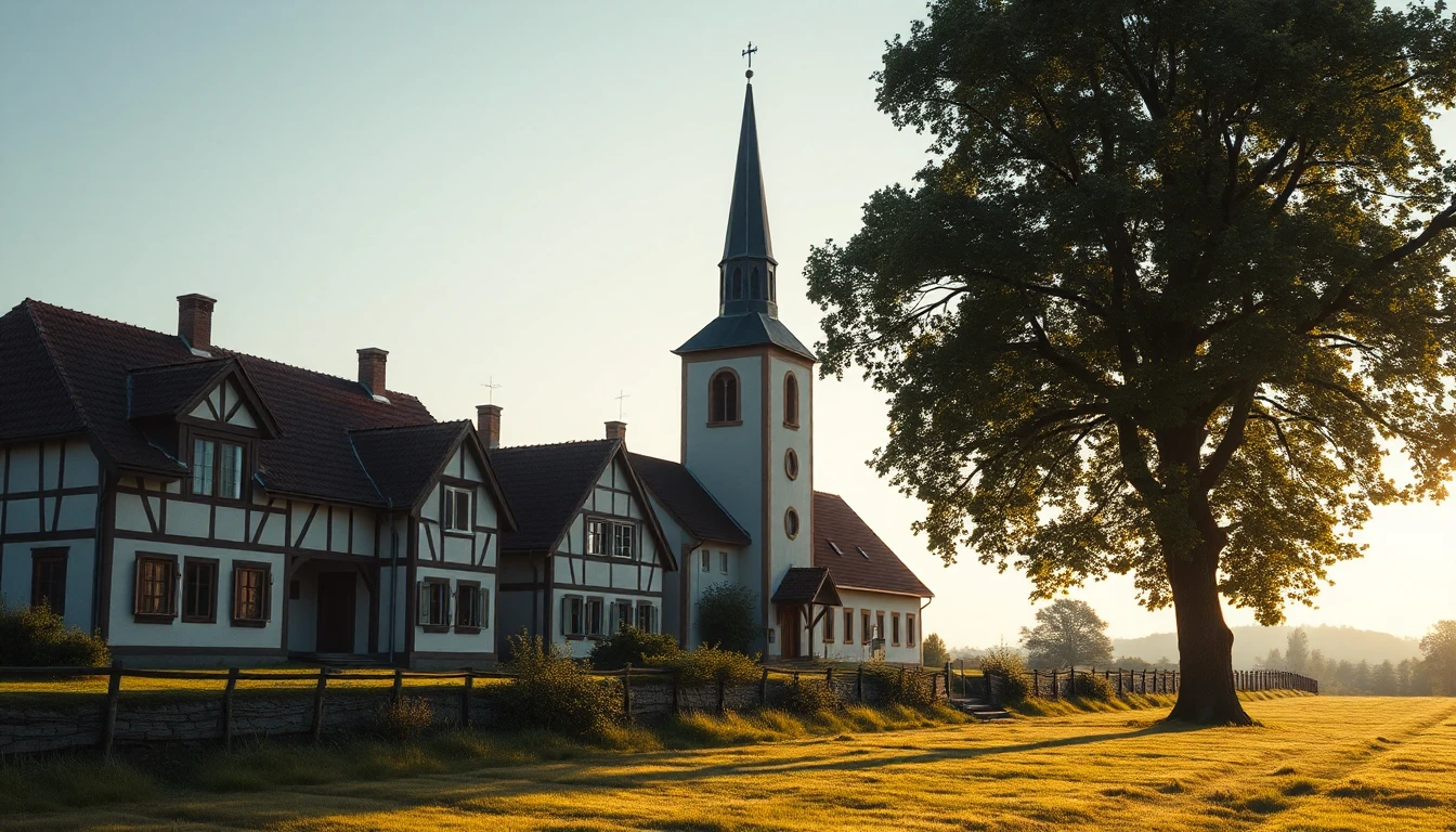 KI-Symbolbild: Fachwerkhäuser stehen neben einer Dorfkirche mit hohem Turm, daneben ein alter Baum auf einer Wiese im späten Nachmittagslicht.