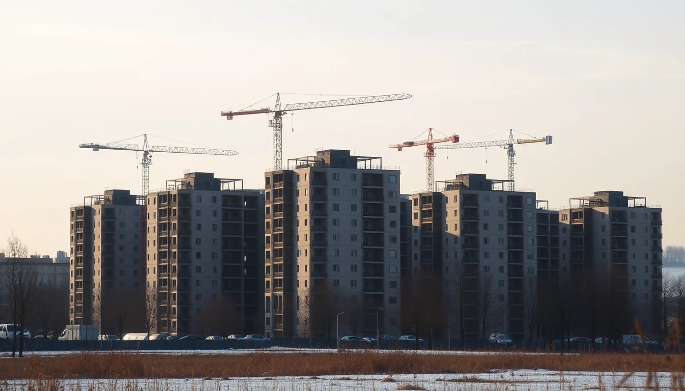 KI-Symbolbild: Mehrere Wohnblöcke im Rohbau stehen mit Baukränen vor einem blassen Winterhimmel, davor ein verschneites Feld.