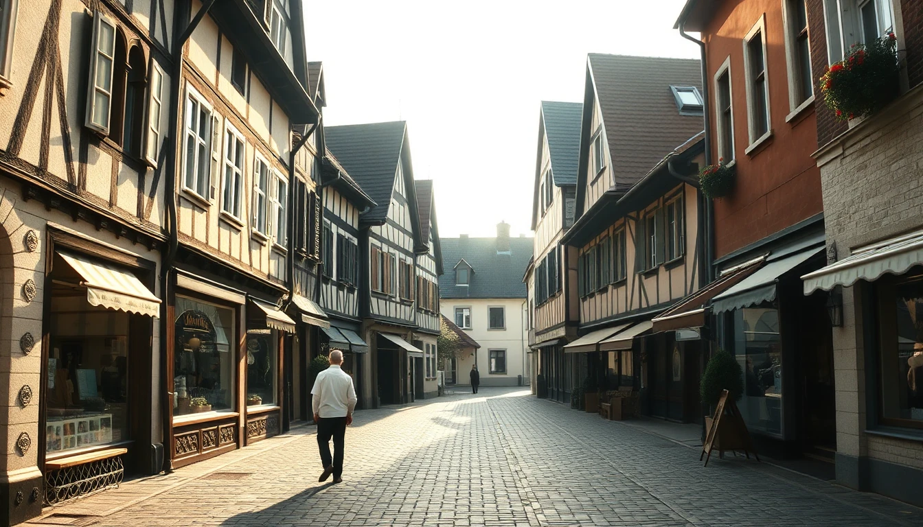 KI-Symbolbild: Eine sonnige Altstadtgasse mit Fachwerkhäusern und Geschäften, ein Mann geht von hinten gesehen über das Kopfsteinpflaster.