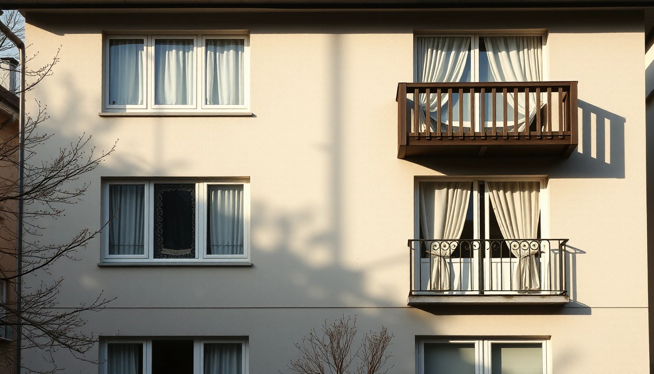 KI-Symbolbild: Die Fassade eines Zweifamilienhauses zeigt zwei Etagen mit unterschiedlichen Balkonen und Vorhängen im milden Nachmittagslicht.