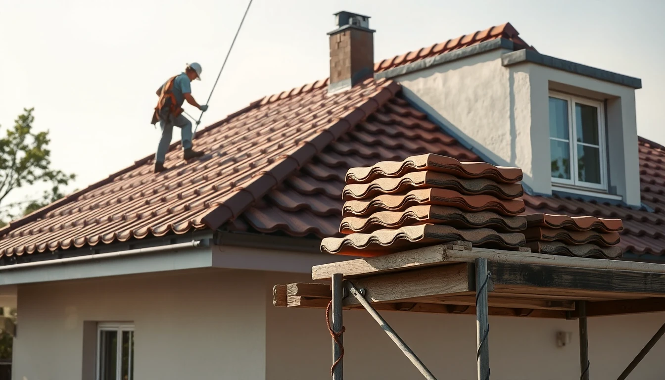 KI-Symbolbild: Ein Dachdecker arbeitet auf dem Ziegeldach eines Hauses, im Vordergrund liegt ein Stapel neuer Tonziegel auf dem Gerüst.