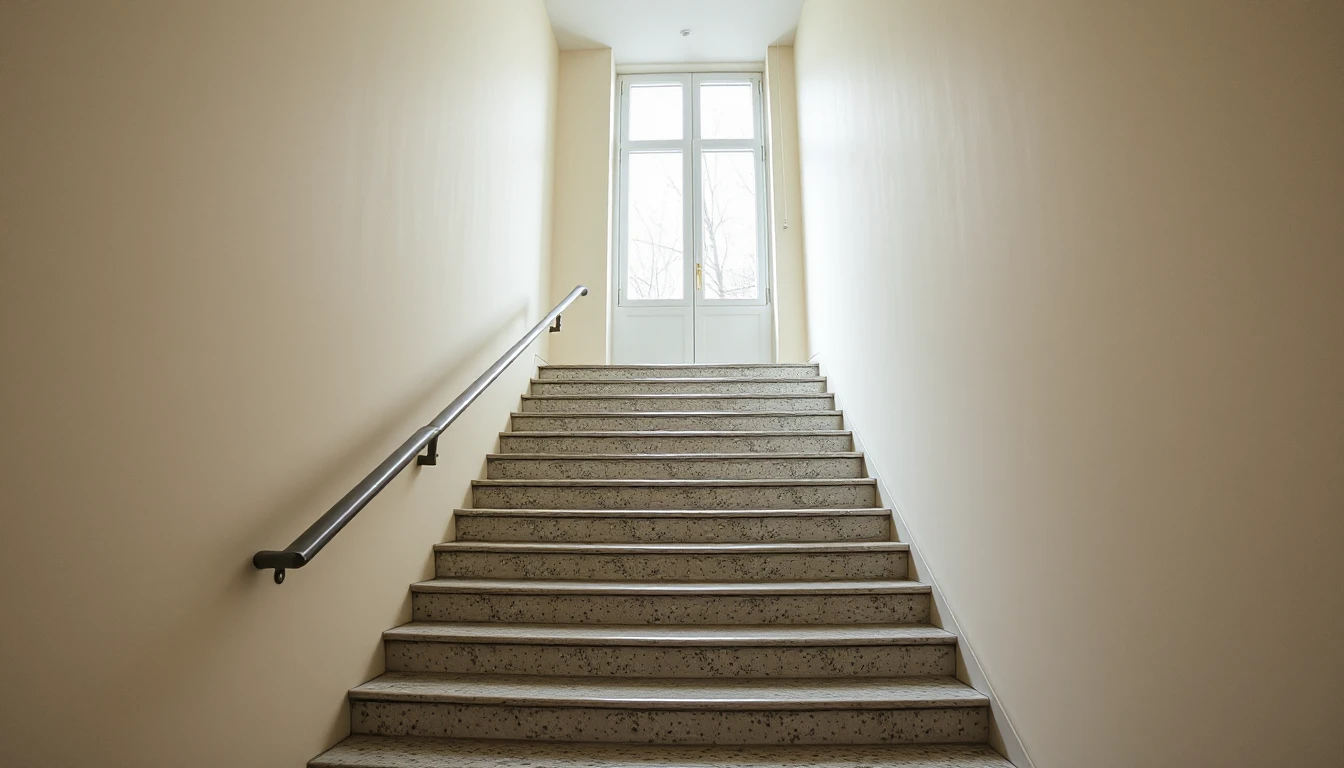 KI-Symbolbild: Ein helles Treppenhaus mit einer geraden Terrazzotreppe und einem Handlauf an der Wand, oben fällt Tageslicht durch ein hohes Fenster.