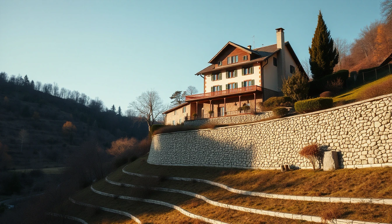 KI-Symbolbild: Ein Einfamilienhaus steht über einer langen Trockenmauer an einem steilen Hang, darunter liegen Terrassen im klaren Herbstlicht.