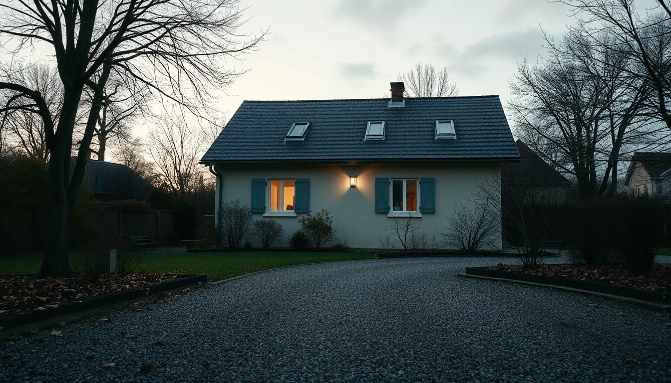 KI-Symbolbild: Ein Einfamilienhaus mit Fensterläden in der Abenddämmerung, ein Fenster warm beleuchtet, davor eine leere Kieseinfahrt und Herbstlaub.