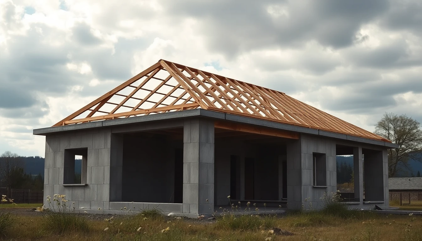KI-Symbolbild: Ein halbfertiges Einfamilienhaus aus Betonsteinen mit offenem Holzdachstuhl steht unter einem bewölkten Himmel, davor wachsen Wildblumen.
