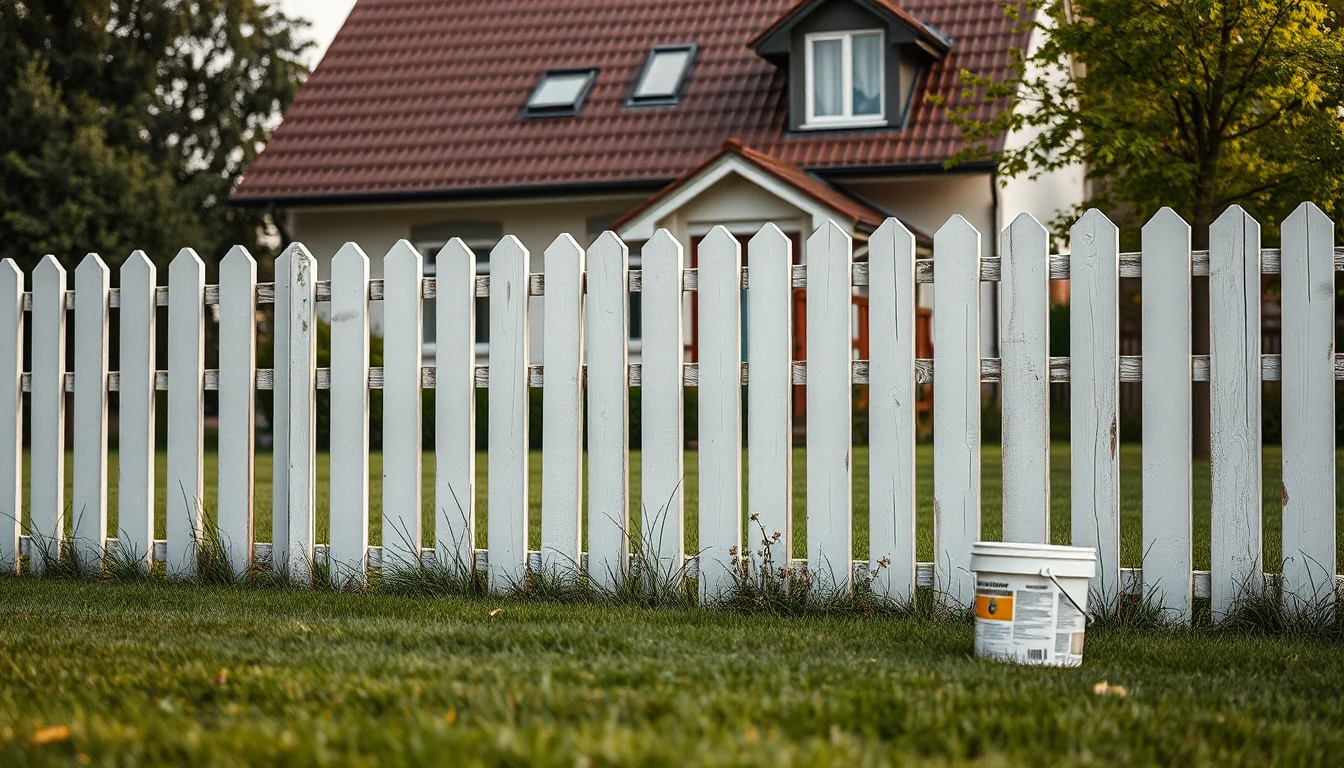 KI-Symbolbild: Ein frisch gestrichener weißer Lattenzaun vor einem Einfamilienhaus, davor steht ein Farbeimer im Gras.