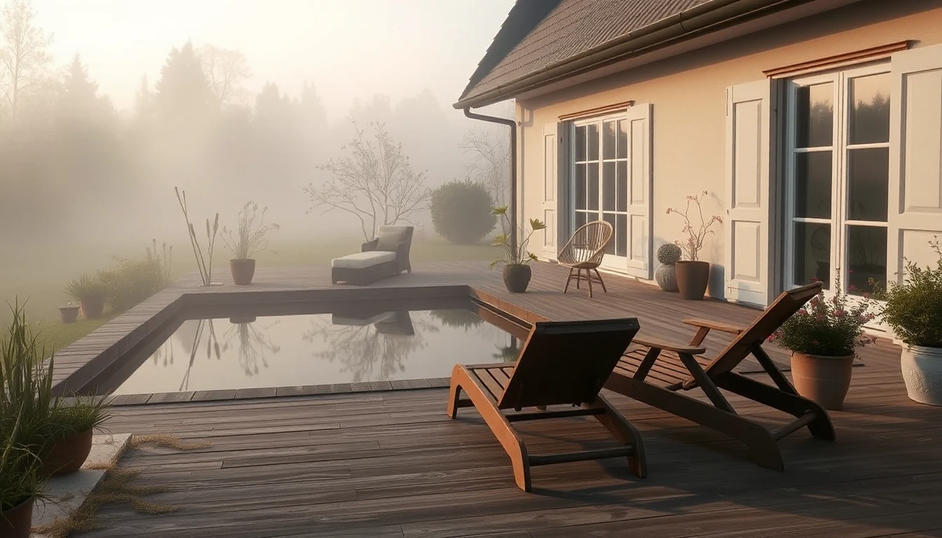 KI-Symbolbild: Eine Holzterrasse mit Liegestühlen liegt an einem kleinen Teich hinter einem Haus, darüber hängt Morgennebel.