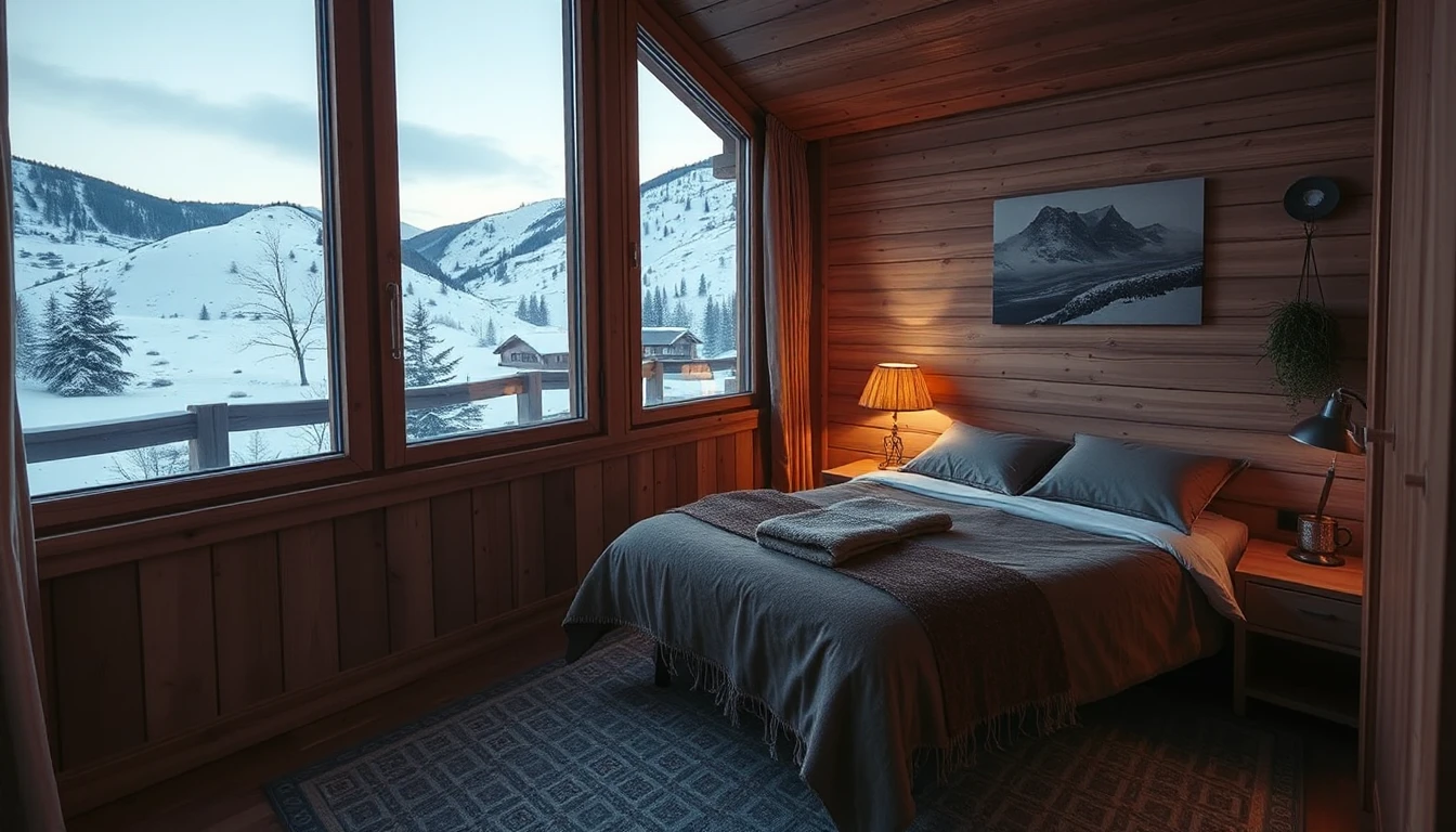 KI-Symbolbild: Ein gemütliches Ferienzimmer mit Holzwänden und gemachtem Bett bietet durch große Fenster Blick auf verschneite Hänge in der Winterdämmerung.