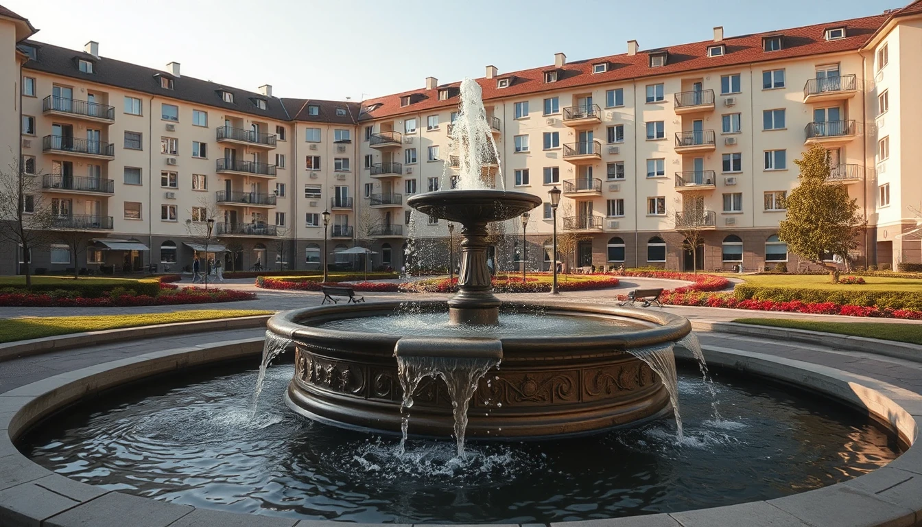 KI-Symbolbild: Ein Brunnen im begrünten Innenhof einer großen Wohnanlage lässt Wasser über den Beckenrand fließen, im Hintergrund sonnige Fassaden.