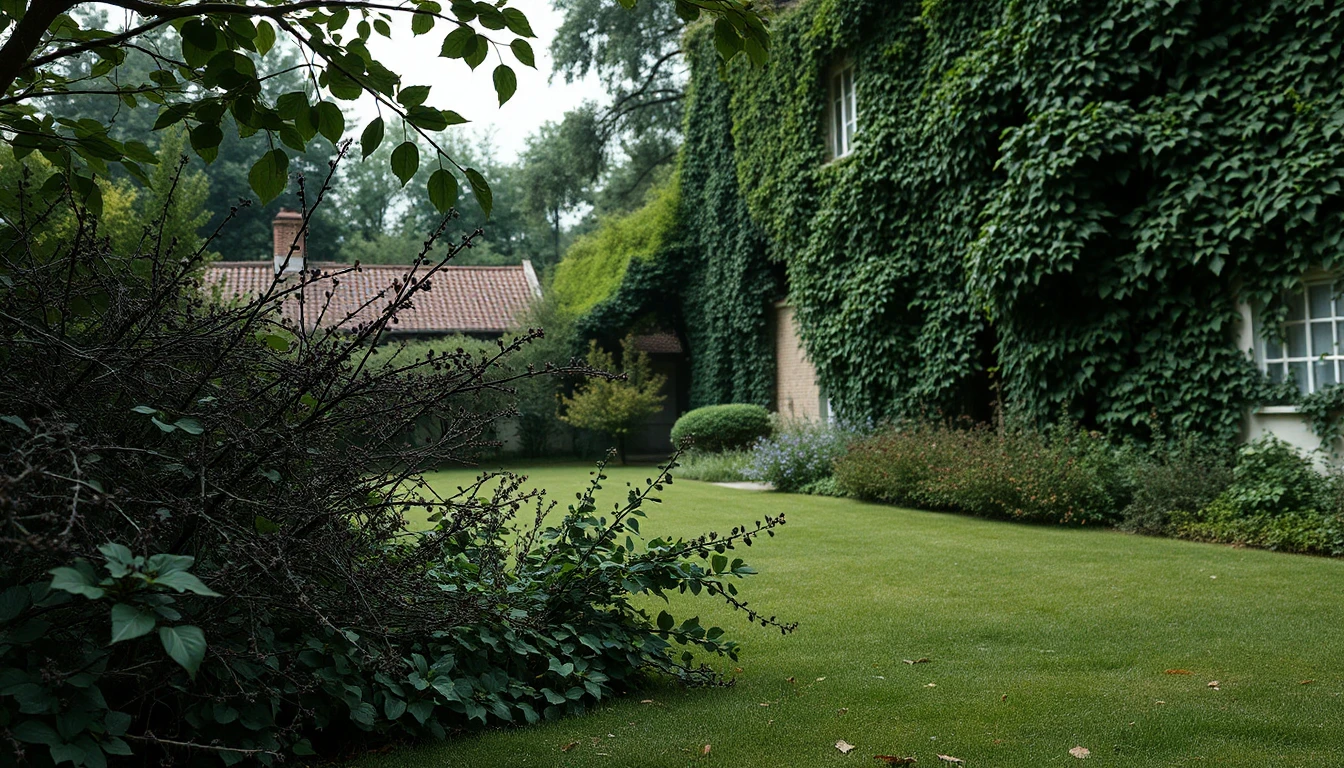 KI-Symbolbild: Efeu überwuchert die Mauern eines Hauses, Gestrüpp breitet sich am Rand des Rasens aus, das Licht ist grau.