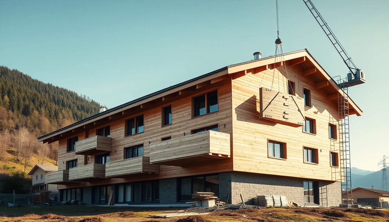 KI-Symbolbild: Ein mehrgeschossiges Holzhaus im Bau steht vor grünen Hügeln, ein Kran hebt ein hölzernes Wandelement.