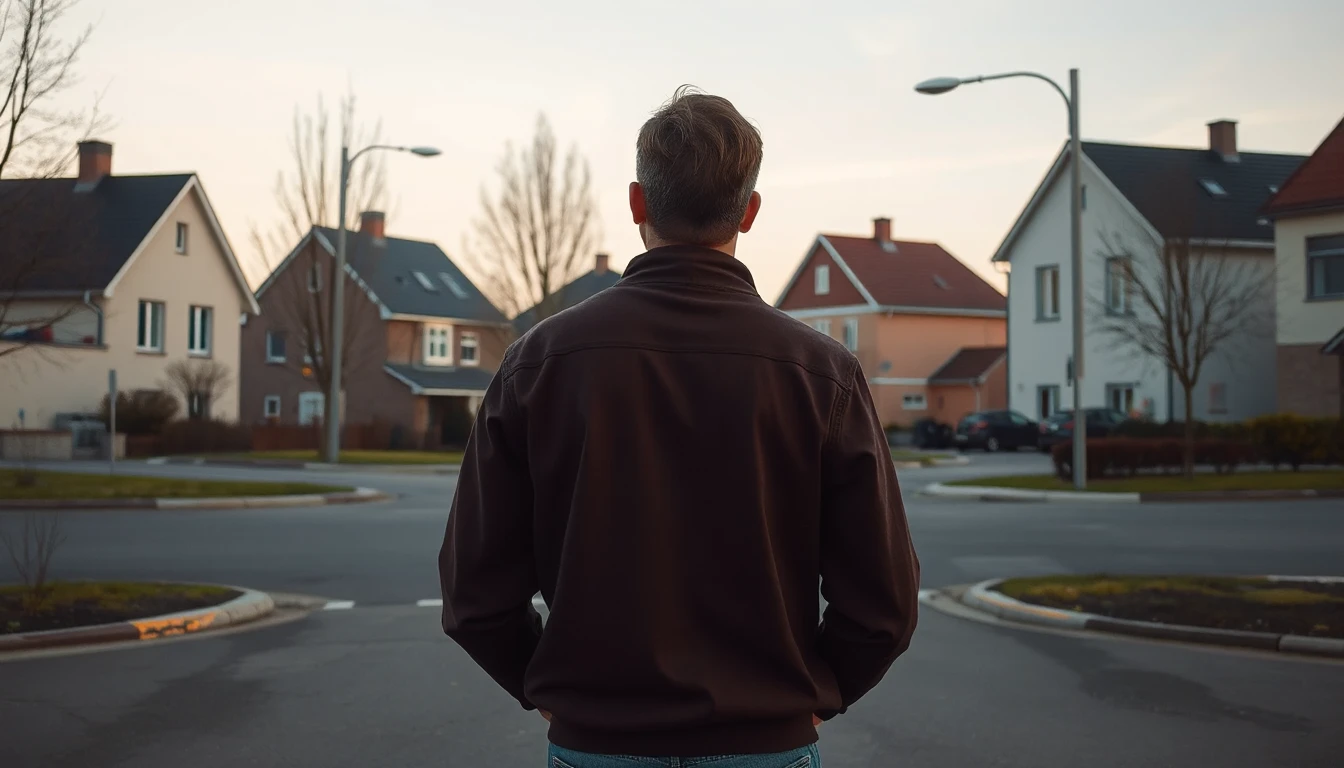 KI-Symbolbild: Eine Person steht von hinten gesehen an einer Kreuzung ruhiger Wohnstraßen und blickt auf verschiedene Häuser im Abendlicht.