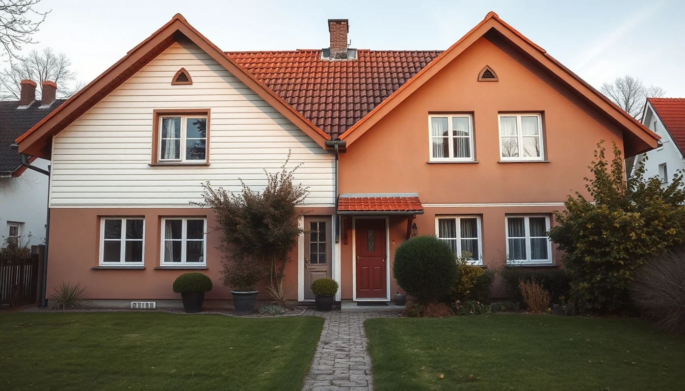 KI-Symbolbild: Ein Doppelhaus mit einer hellen und einer orangefarbenen Hälfte, davor ein gepflasterter Weg durch den Rasen.
