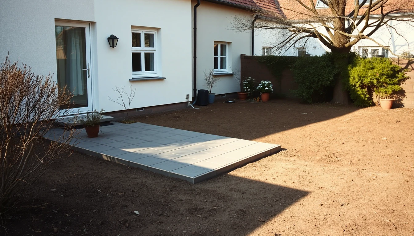 KI-Symbolbild: Ein helles Reihenhaus mit neu verlegter Terrasse, daneben noch unbepflanzte Gartenerde.