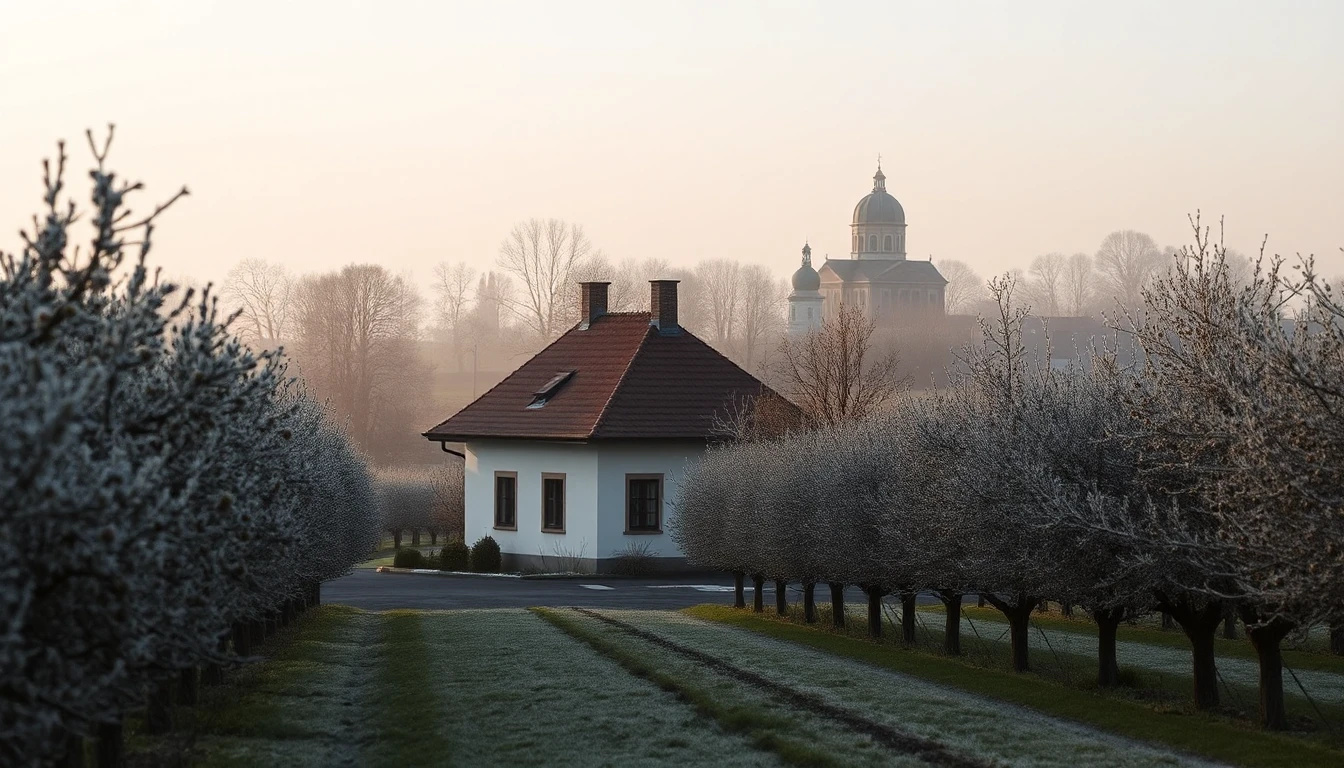KI-Symbolbild: Ein kleines weißes Haus zwischen bereiften Obstbaumreihen, im Hintergrund eine barocke Klosterkuppel im Morgendunst.