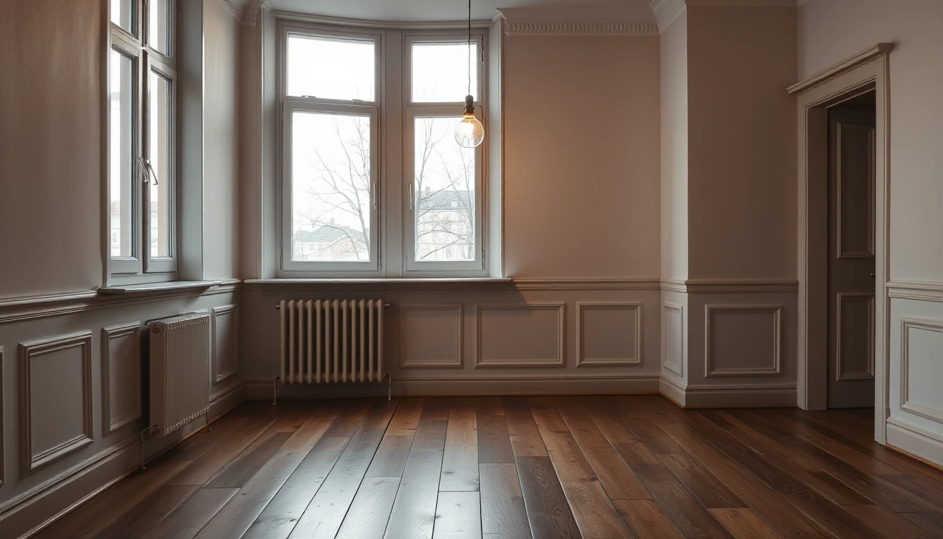 KI-Symbolbild: Ein leerer renovierter Altbauraum mit Erkerfenster, geöltem Dielenboden und nackter Glühbirne.