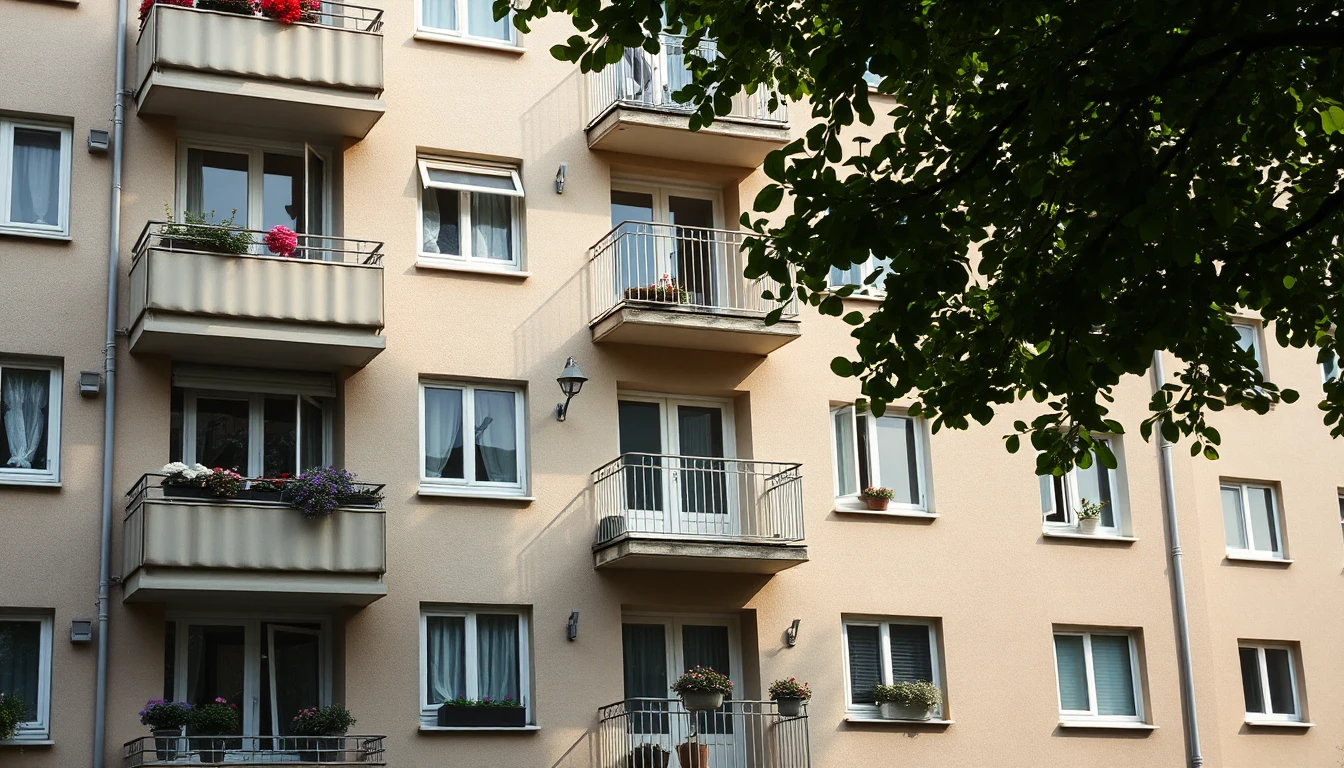 KI-Symbolbild: Ein Mietshaus aus den 1960er-Jahren mit teils bepflanzten Balkonen, davor eine Linde im Sommerlicht.