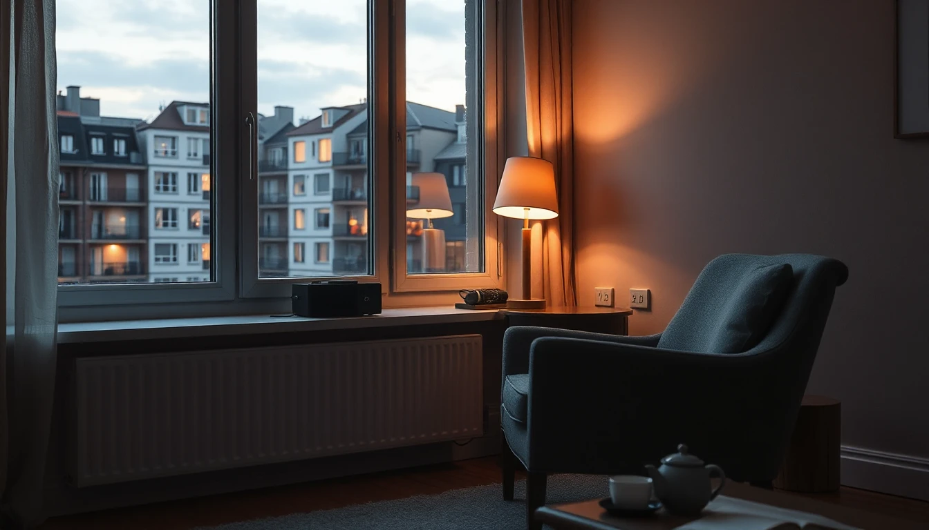 KI-Symbolbild: Ein Sessel an einem Fenster mit Blick auf beleuchtete Wohnhäuser, daneben eine Leselampe und Tee.