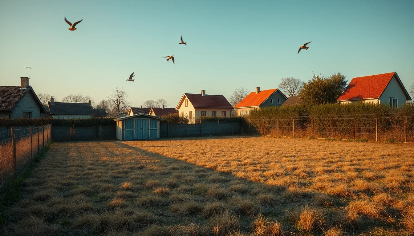 KI-Symbolbild: Ein eingezäuntes leeres Baugrundstück mit Gartenhaus am Dorfrand, darüber fliegen Schwalben im Abendhimmel.
