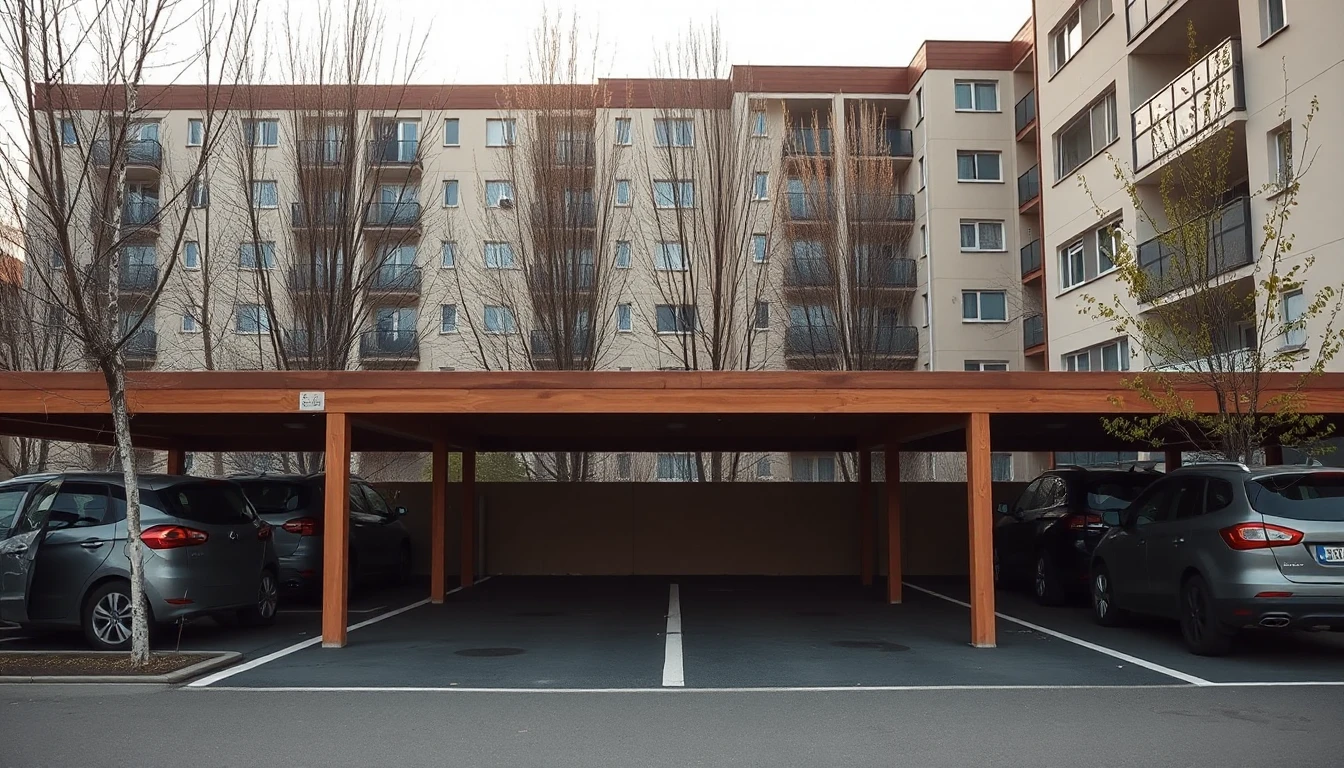 KI-Symbolbild: Ein hölzerner Carport hinter einem Wohnhaus mit freien Stellplätzen zwischen geparkten Autos.