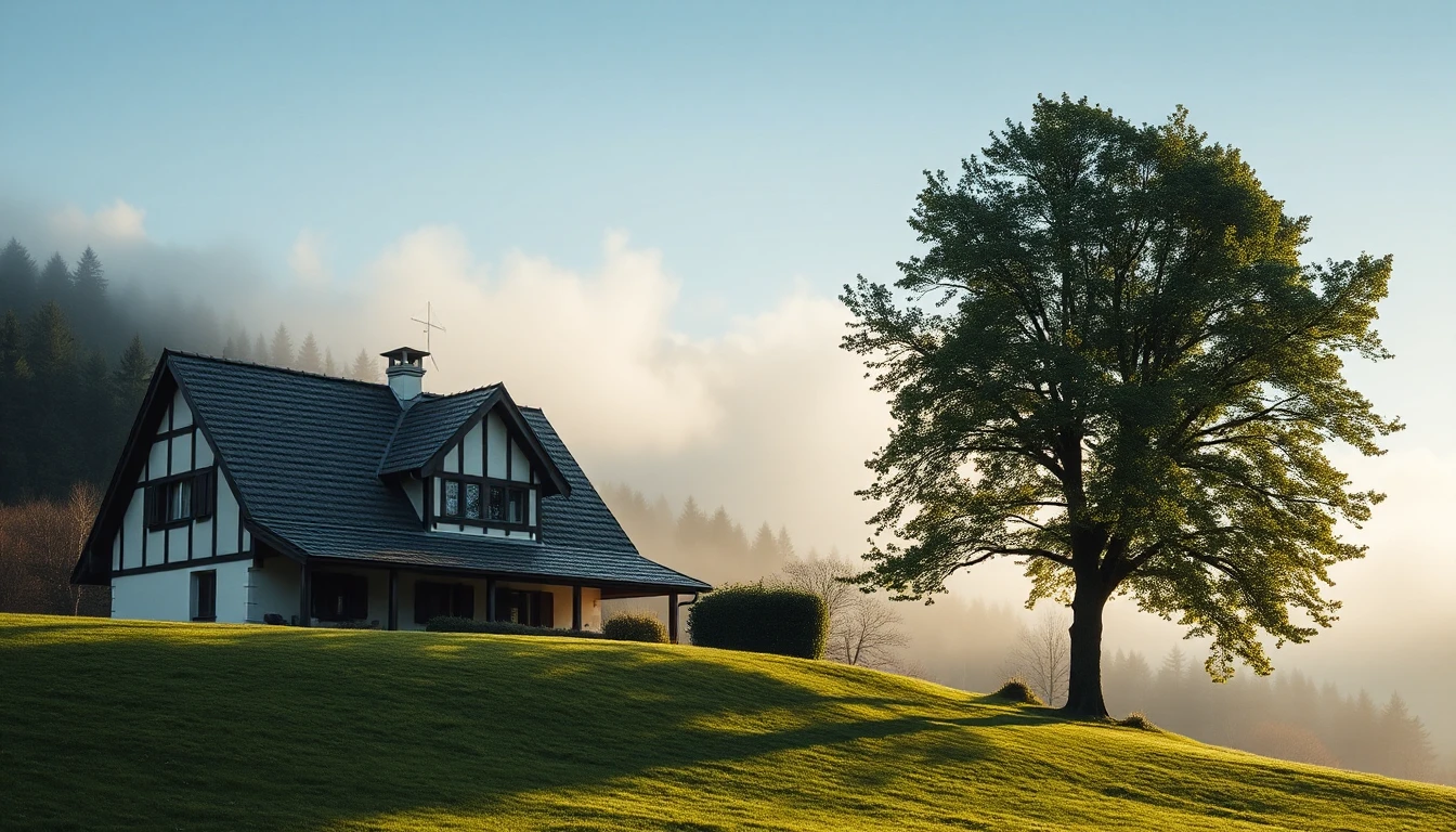 KI-Symbolbild: Ein Einfamilienhaus mit Schieferdach am grünen Hang, daneben ein großer Laubbaum und Nebel über dem Wald.