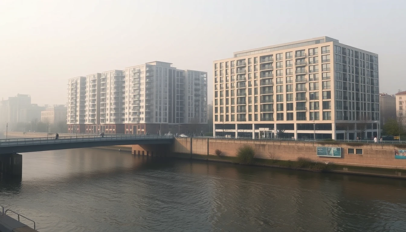 KI-Symbolbild: Ein Fluss mit Wohnneubau und Bürogebäude am Ufer, verbunden durch eine Fußgängerbrücke im Morgendunst.