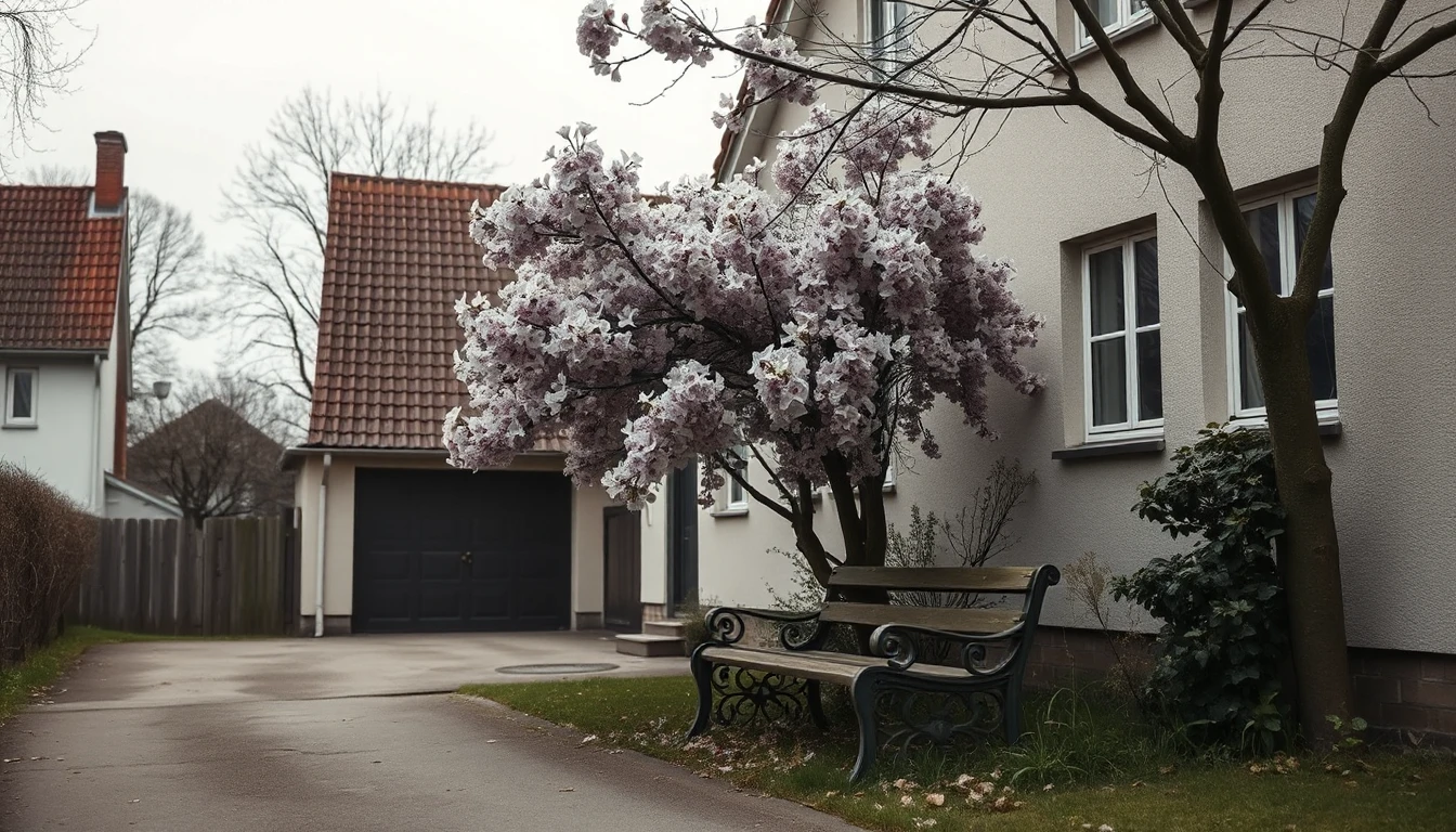 KI-Symbolbild: Ein Haus aus den 1950er-Jahren mit Bank unter blühendem Flieder und geschlossener Garage.