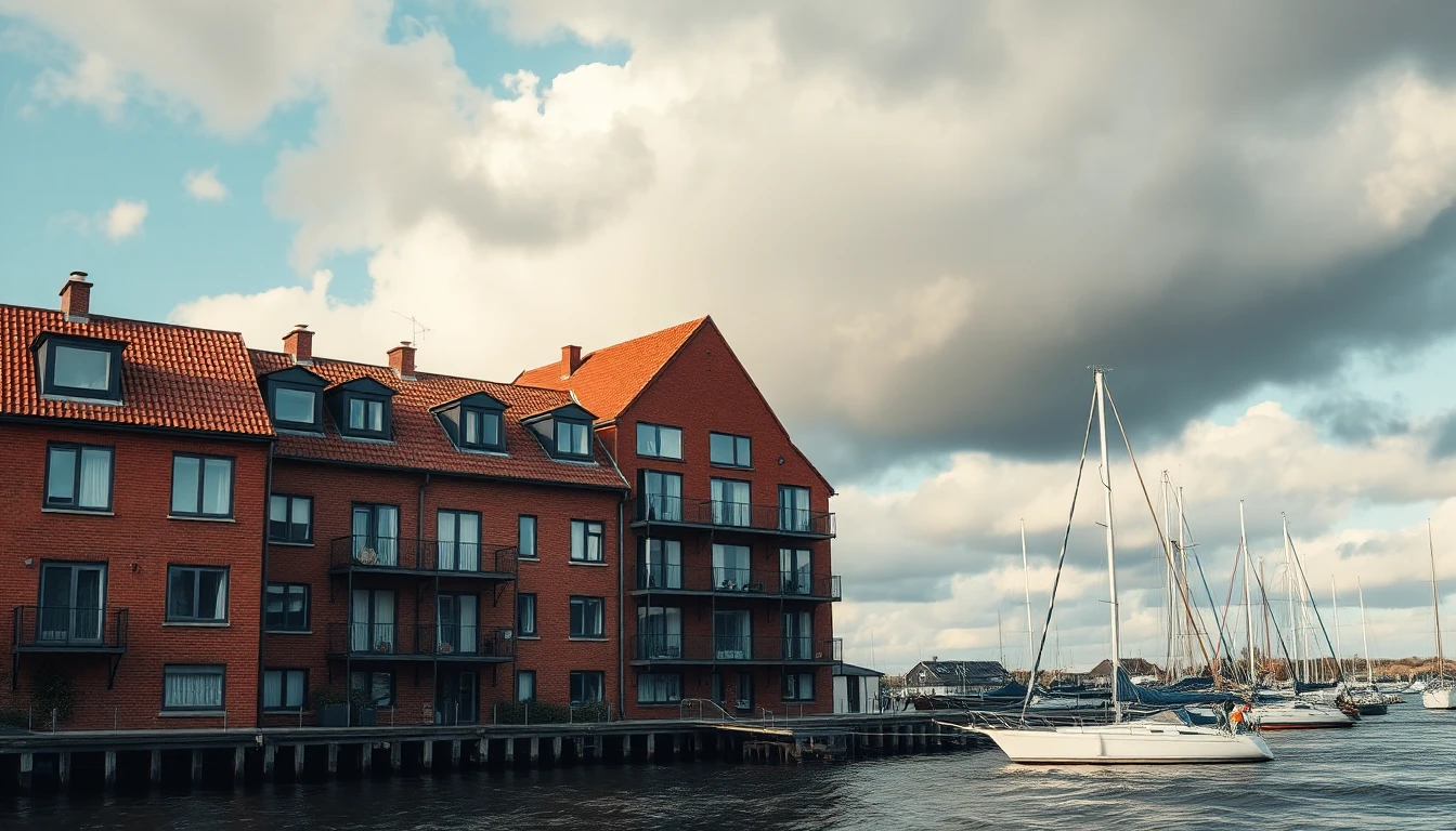 KI-Symbolbild: Ein Backsteinmietshaus am Wasser, daneben Segelboote im Hafen unter ziehenden Wolken.