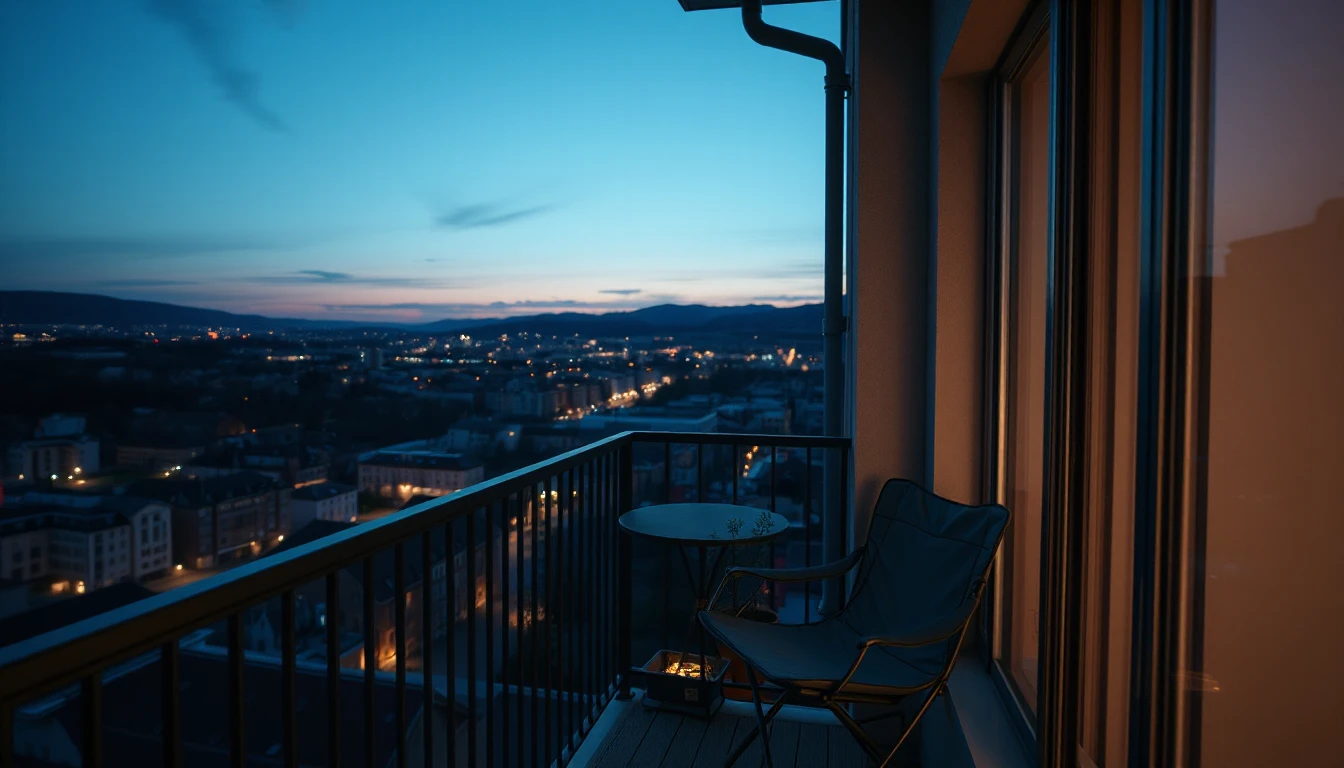 KI-Symbolbild: Ein schmaler Balkon mit Klappstuhl und Topfpflanze hoch über einer Stadt im Tal zur blauen Stunde.