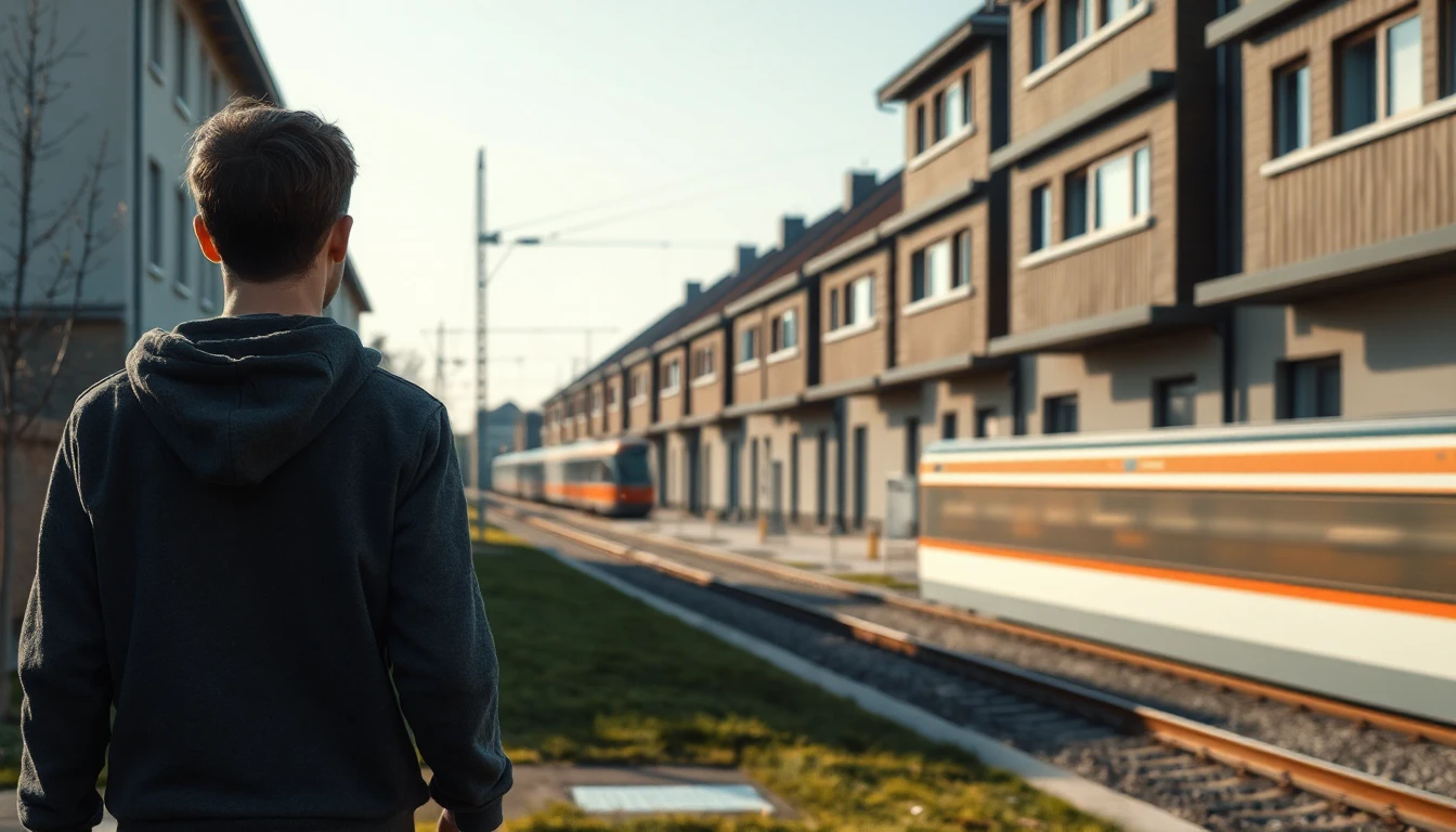 KI-Symbolbild: Eine junge Person von hinten geht an neuen Reihenhäusern entlang, daneben fährt ein Regionalzug.