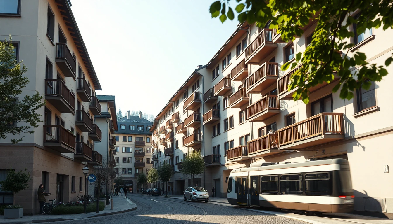 KI-Symbolbild: Neue Wohnhäuser mit Holzbalkonen an einer Straße, auf der eine Straßenbahn fährt.
