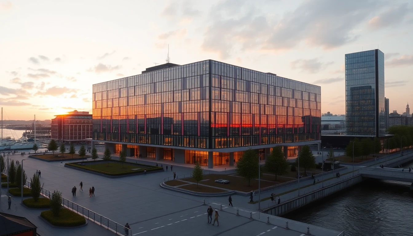 KI-Symbolbild: Ein großes Büro- und Geschäftsgebäude mit begrüntem Platz am Wasser im Abendlicht.