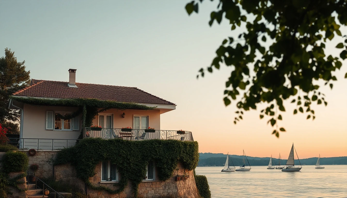KI-Symbolbild: Ein pastellfarbenes Ferienhaus mit berankter Terrasse über einem See mit Segelbooten am Abend.