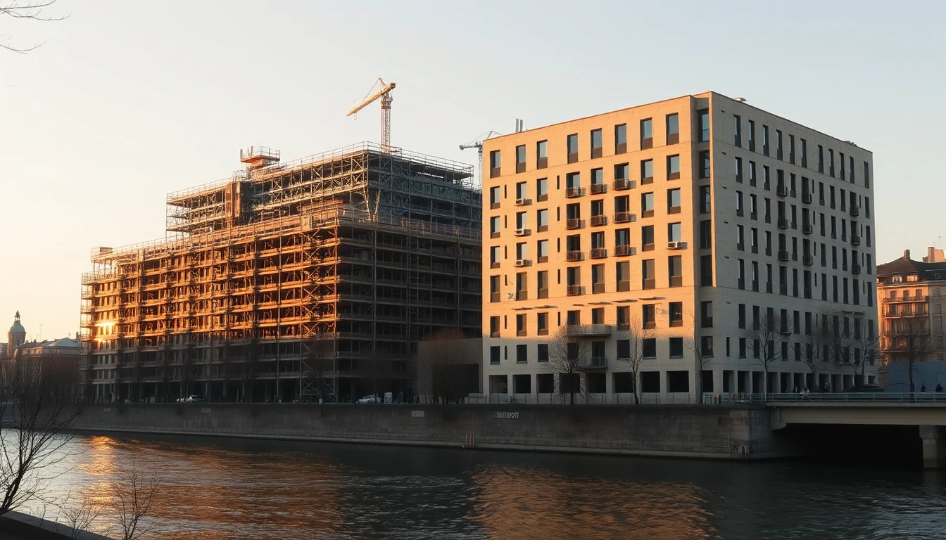KI-Symbolbild: Ein großes Bauprojekt am Fluss, ein Flügel noch eingerüstet, der andere fertig, im Abendlicht.