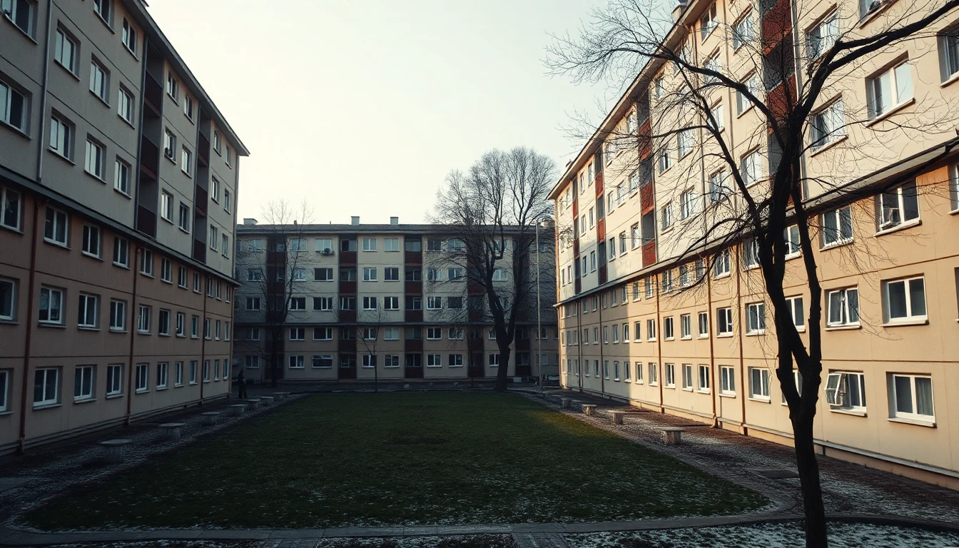 KI-Symbolbild: Renovierte Wohnblöcke um einen grünen Innenhof mit kahlem Baum an einem kalten Morgen.