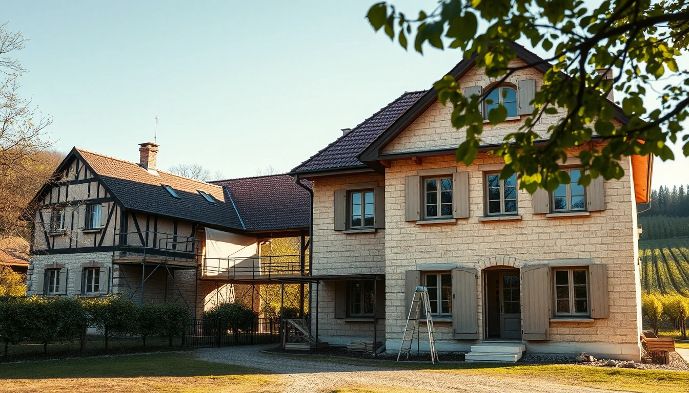 KI-Symbolbild: Ein Wohnhaus mit Gerüst und Plane an der Fassade, daneben Weinberge im Morgenlicht.