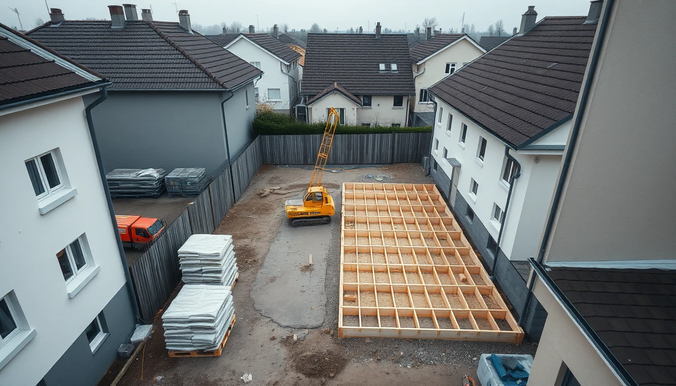 KI-Symbolbild: Luftbild eines schmalen Baugrundstücks zwischen Wohnhäusern mit Holzschalung, Materialpaletten und einem kleinen gelben Mobilkran bei bedecktem Himmel.