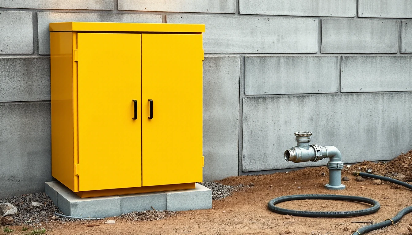 KI-Symbolbild: Gelber Baustromverteiler ohne Beschriftung auf einem Betonsockel, daneben ein verzinkter Wasseranschluss mit auf dem Boden liegendem Schlauch vor einer Betonwand.