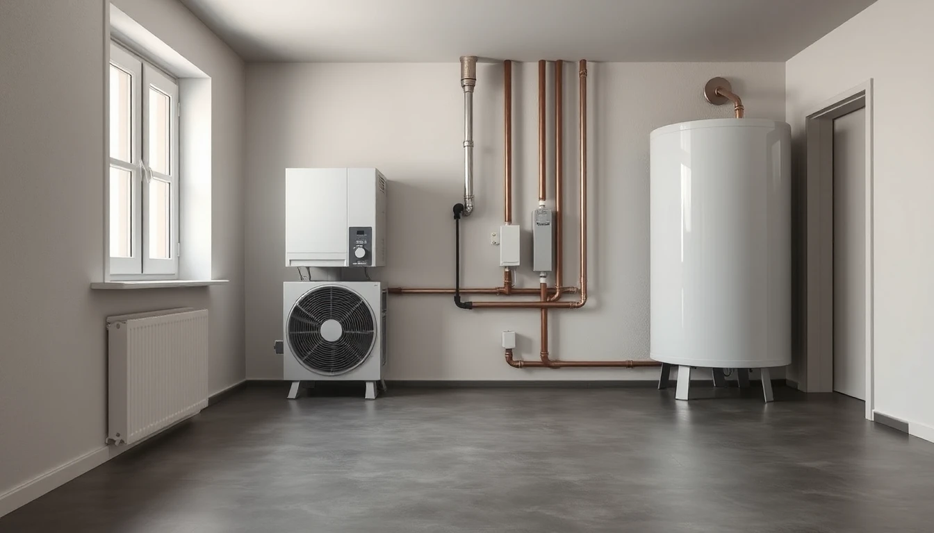 KI-Symbolbild: Sauberer Technikraum eines Neubaus mit Wärmepumpe, Warmwasserspeicher und Kupferrohren an der Wand sowie freier Bodenfläche davor.