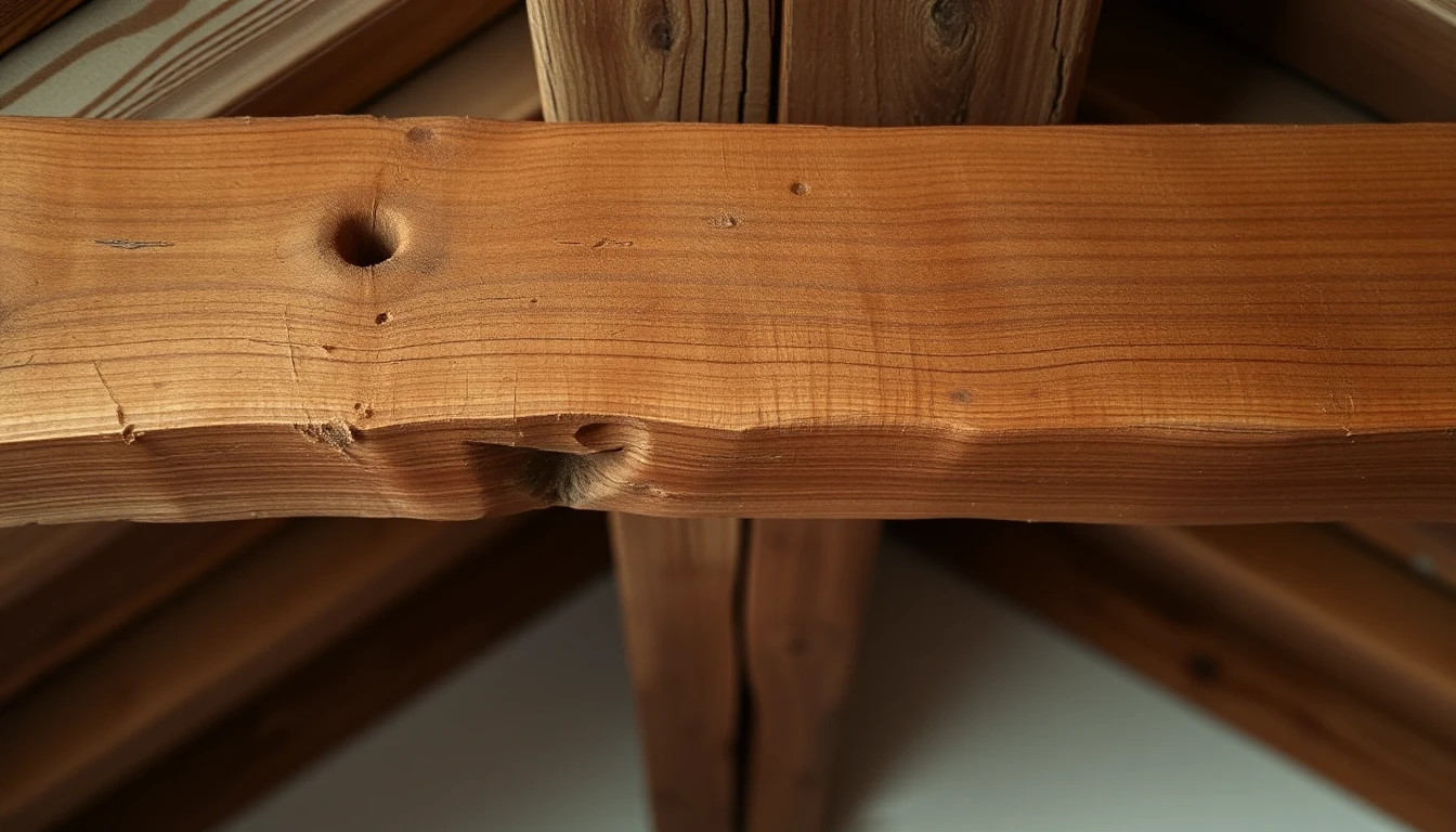 KI-Symbolbild: Nahaufnahme eines alten Holzbalkens im Dachboden mit einzelnen kleinen runden Löchern im Holz bei weichem Licht.