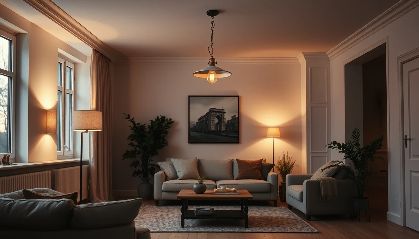 KI-Symbolbild: Gemütliches Wohnzimmer in der Dämmerung mit Pendelleuchte, Stehlampen und Wandleuchte, die warmes Licht über Sofa und Sessel werfen.