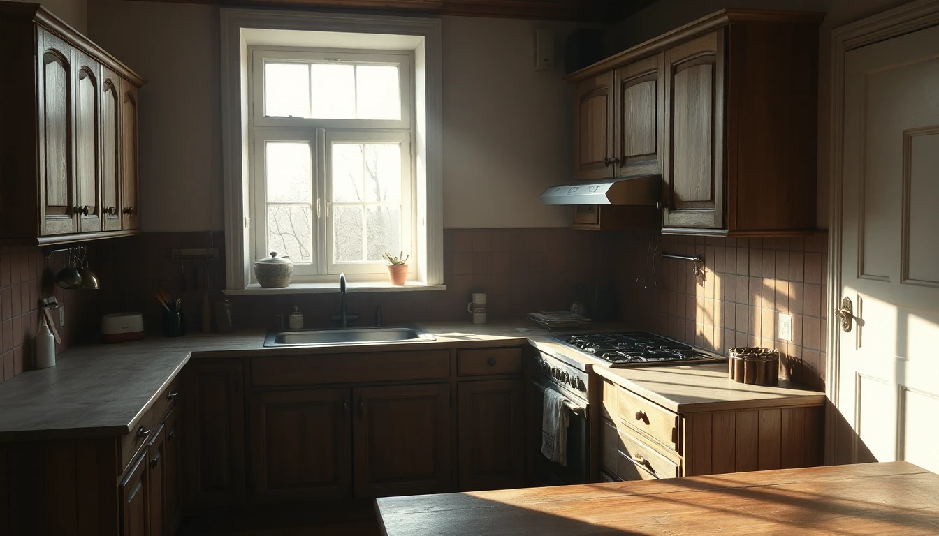 KI-Symbolbild: Ältere Küche mit dunklen Massivholzschränken, abgenutzter Arbeitsplatte, Spüle und Gasherd, durch ein Fenster fällt Morgenlicht.