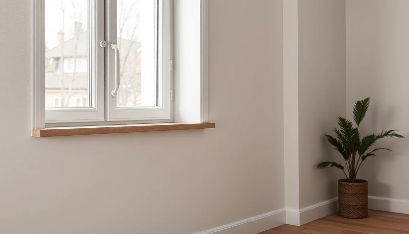 KI-Symbolbild: Neues weißes Fenster mit massivem Griff und Holzfensterbank in einem frisch gestrichenen Raum, daneben eine Zimmerpflanze im Korb.