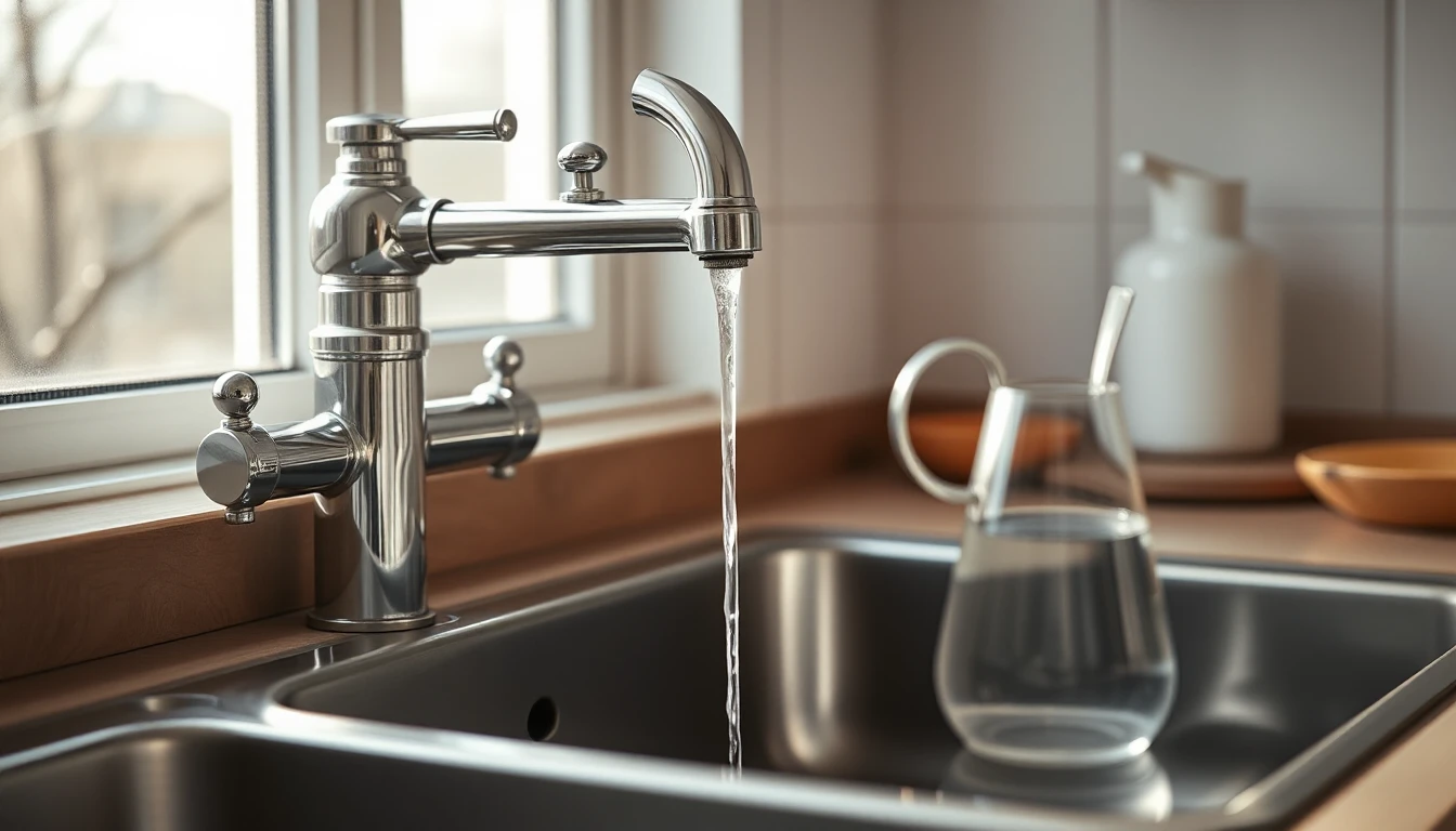 KI-Symbolbild: Chromarmatur lässt einen dünnen Wasserstrahl in ein Edelstahlspülbecken laufen, daneben steht eine Glaskaraffe mit Wasser am Fenster.