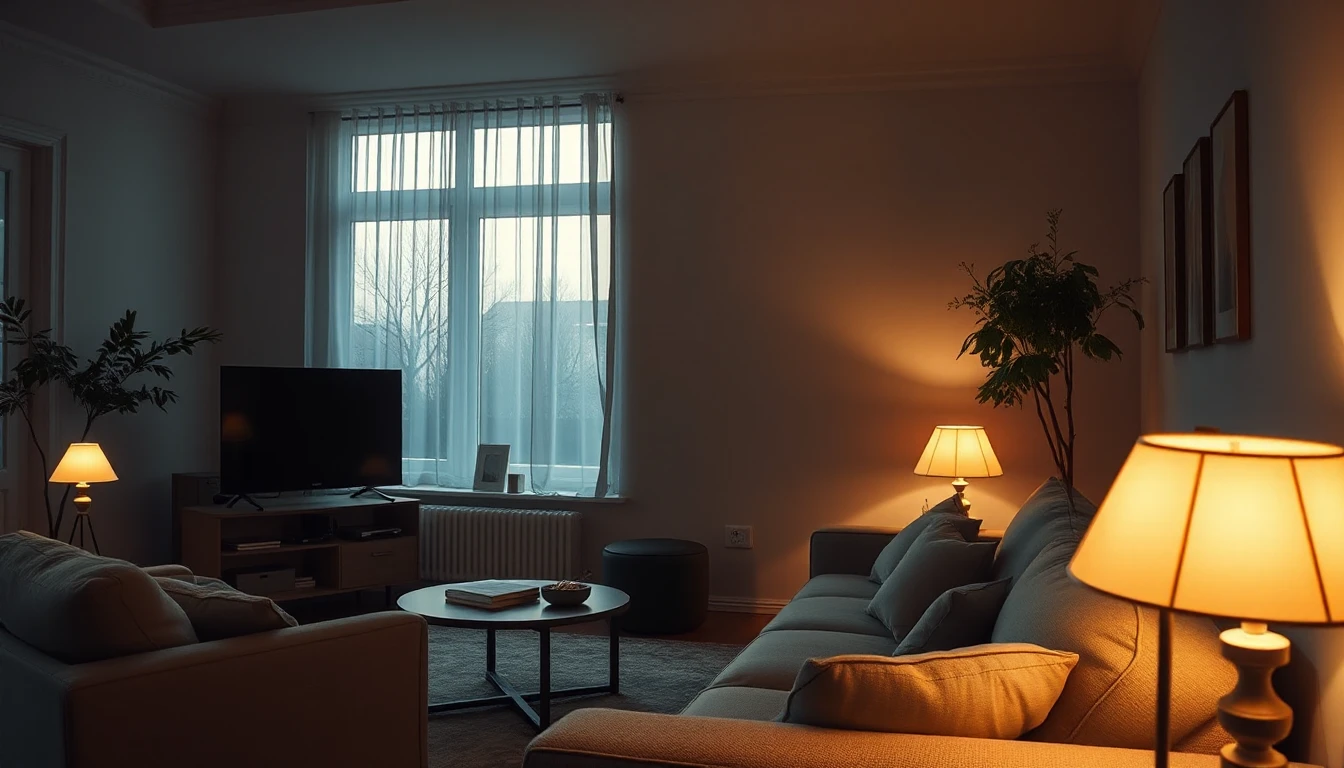 KI-Symbolbild: Gemütliches Wohnzimmer am Abend mit mehreren warm leuchtenden Lampen, Sofa, Zimmerpflanzen und einem ausgeschalteten Fernseher.