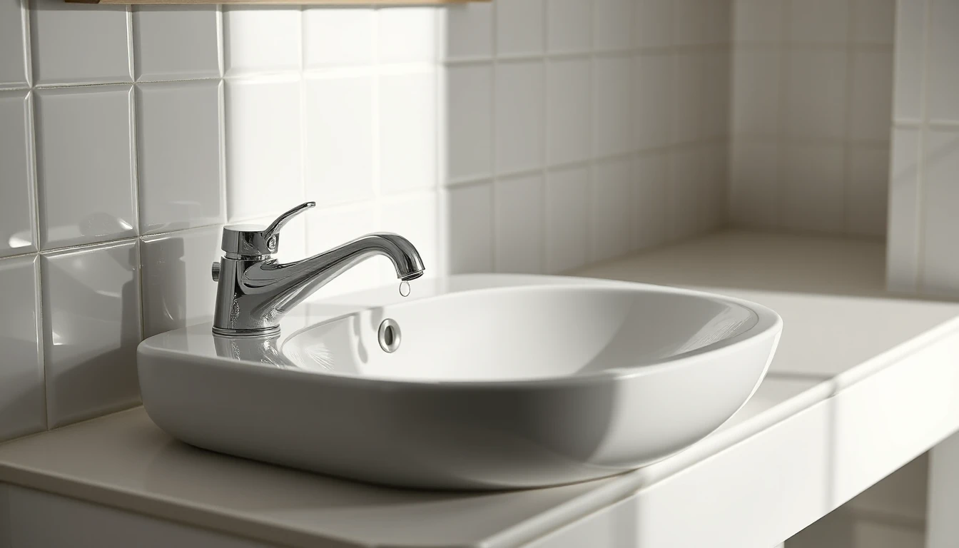 KI-Symbolbild: Weißes Aufsatzwaschbecken mit Chromarmatur und einem Wassertropfen vor weißen Wandfliesen im weichen Tageslicht.