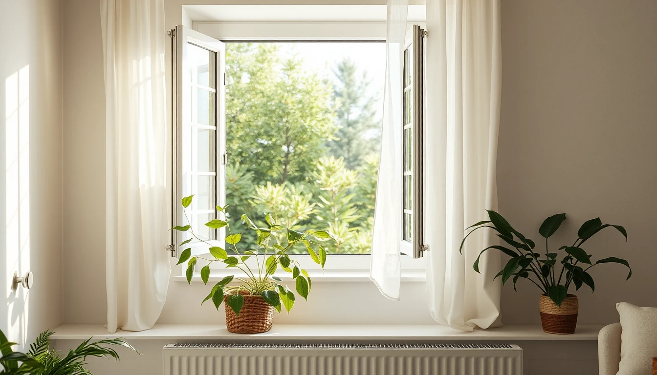 KI-Symbolbild: Helles Wohnzimmer mit weit geöffnetem Fenster, grünen Zimmerpflanzen auf der Fensterbank und leichten, weißen Vorhängen im Tageslicht.