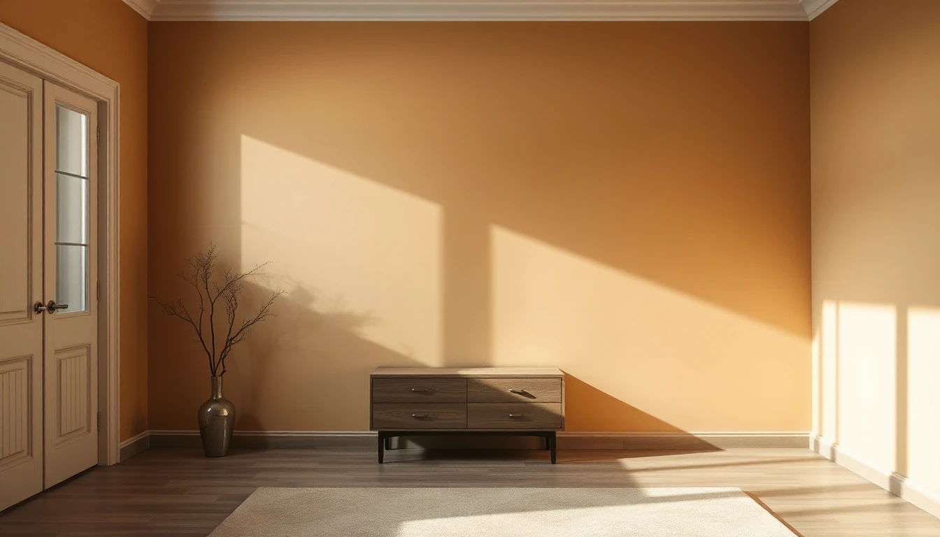 KI-Symbolbild: Renoviertes Zimmer mit warm getönten Wänden, einer niedrigen Holzkommode, einer Vase mit Zweigen und Sonnenlicht auf der Wand.